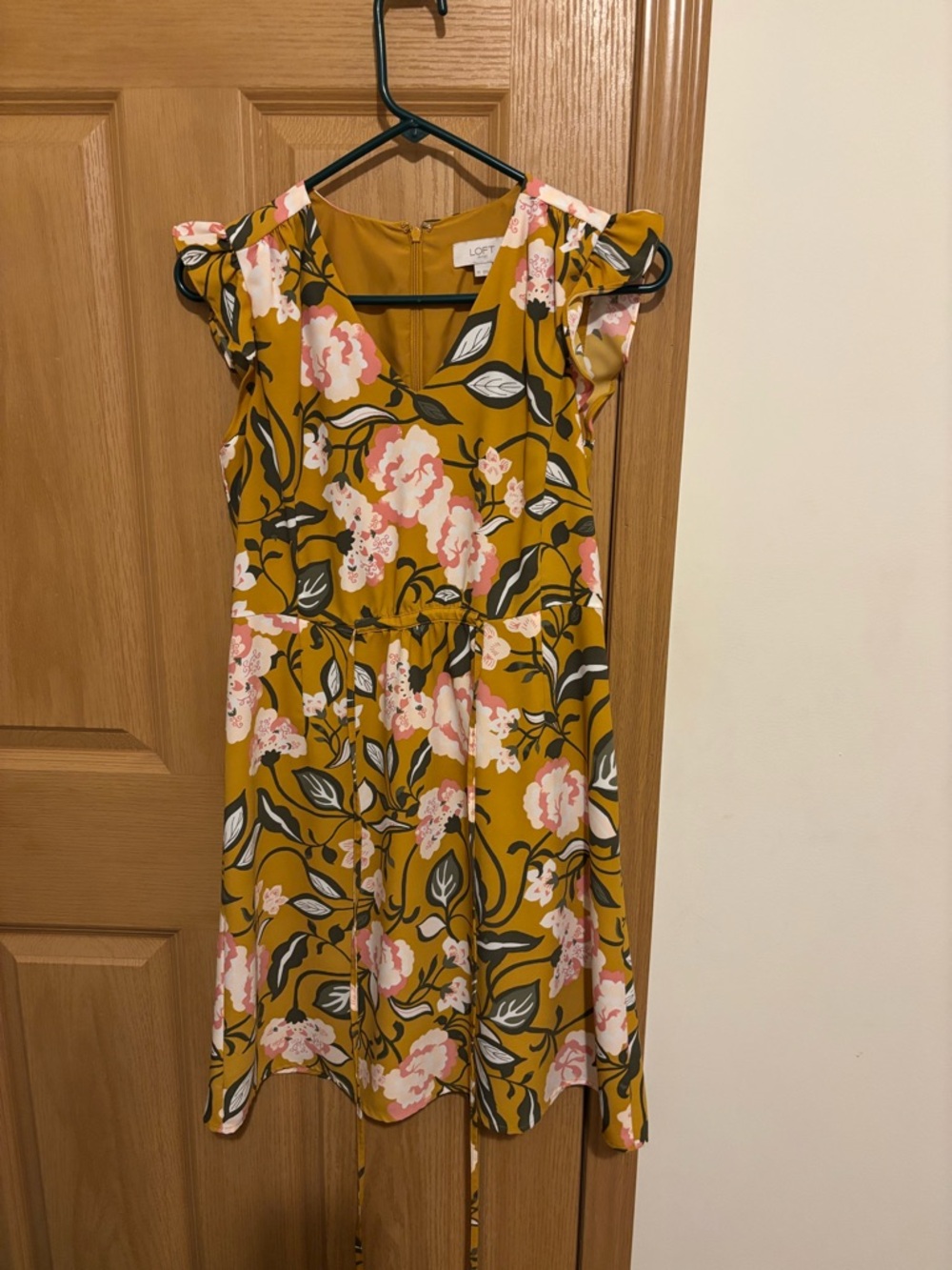 LOFT Mustard Yellow Floral Dress with Pink Accents